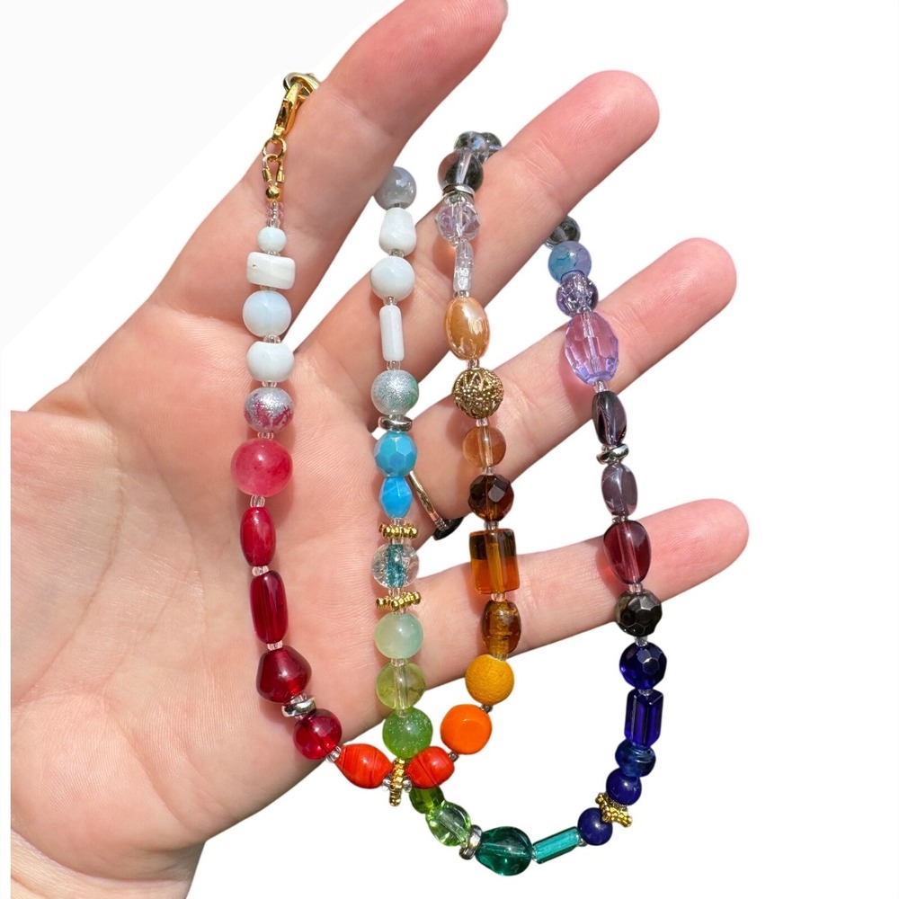 Handmade Beaded Necklace Womens 22" Rainbow Upcycled Ombre Statement - Picture 2 of 4